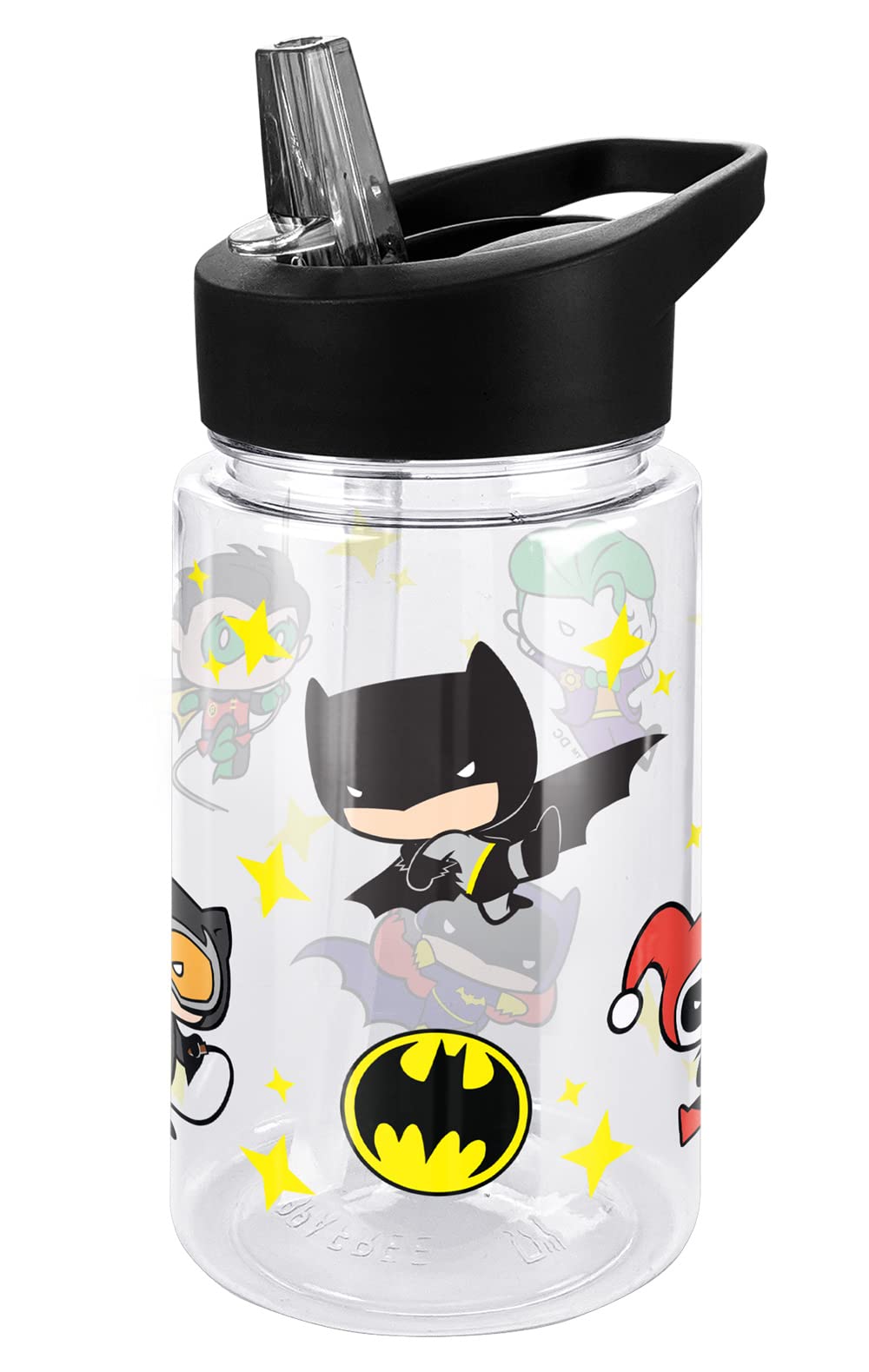 LOGOVISION Batman Kids Tritan Plastic Water Bottle with Straw Lid and Handle, Reusable Tumbler for Toddlers, Unisex for Girls and Boys, 12oz, Chibi Friends