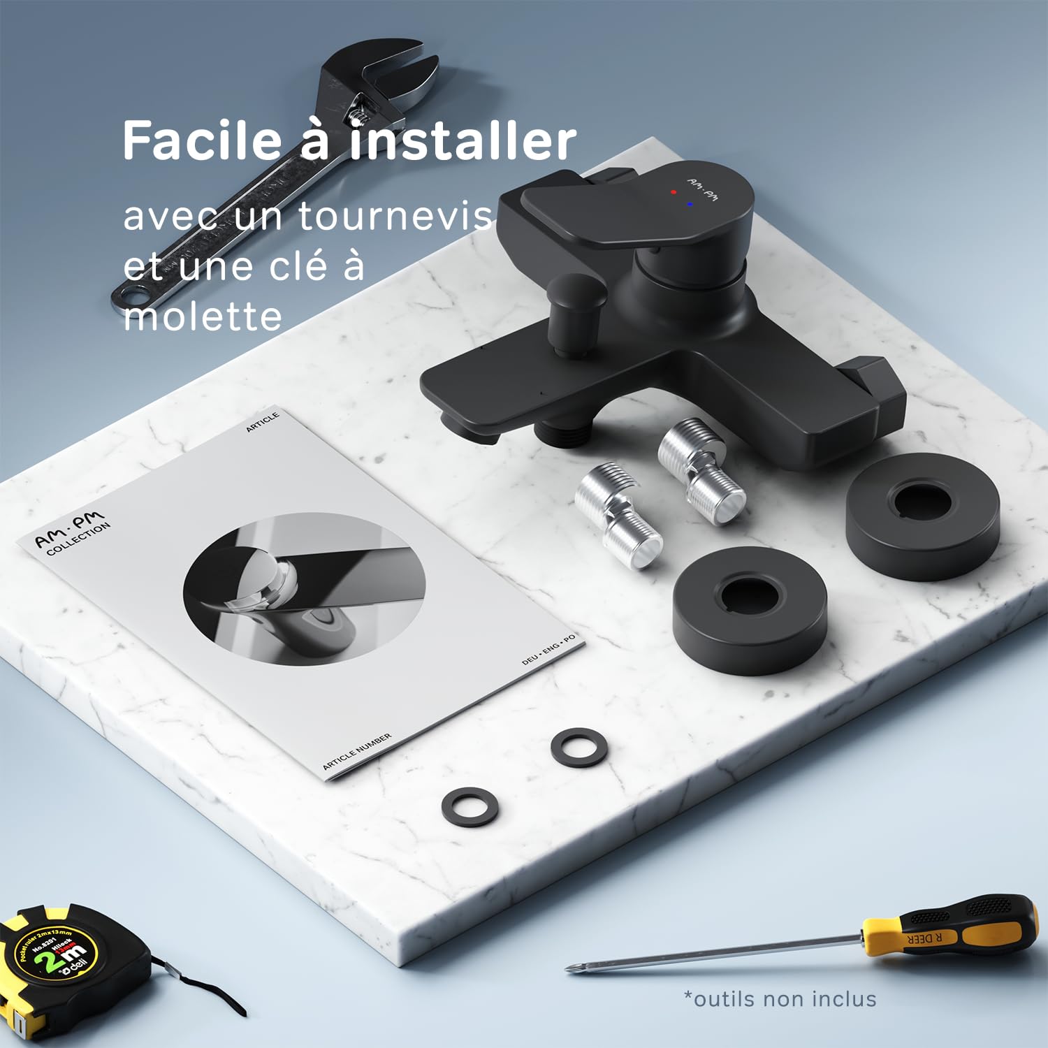 AM.PM Mitigeur de Bain Noir 2 Sorties Robinet Bain-Douche svec bec, à économie d'eau, Résistant aux fissures, Facile à nettoyer et à installer, X-Joy FXA10022