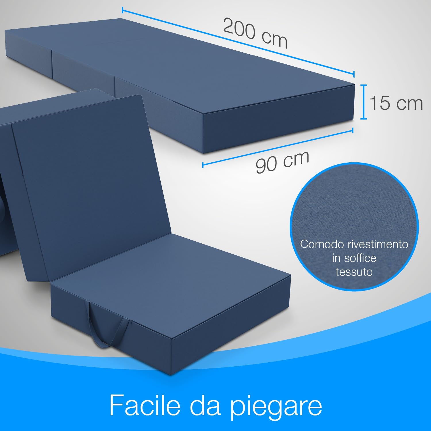ELONEO materassino pieghevole per ospiti, materasso pieghevole a 3 parti, spugna extra spessa (15cm), lavabile, cubo a disco intervertebrale, adulti (blu, 90 x 200 x 15 cm)
