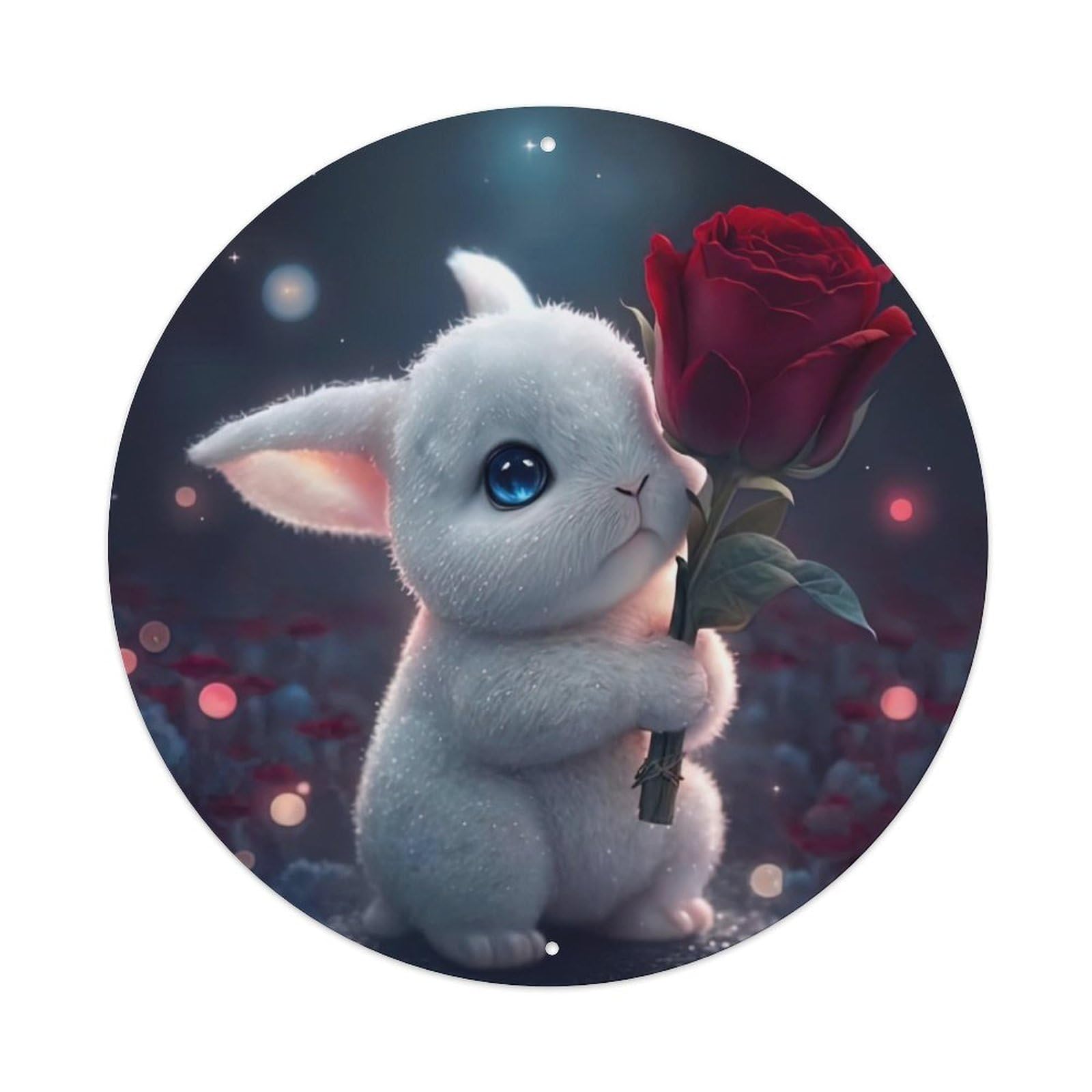 Animal Artwork Little White Rabbit Holding Rose Vintage Metal Tin Sign Plaque Wall Decor for Cafe, Club Bar, Office, Garden Metal Poster 8x8Inch
