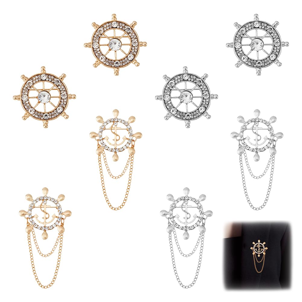 Dishowme Anker & Ruder Brosche - Strass-Verzierung, Vintage-Design Für Blazer & Mantel (Gold/Silber)