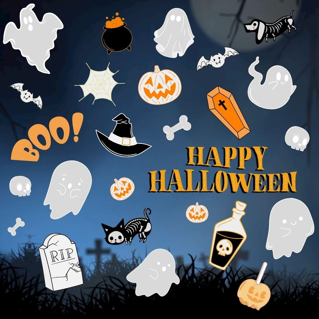Haus Projekt Niño Halloween Decoración 62 Uds, 8x Hojas A4, Pegatinas Halloween Decorativas Reutilizables, Fiesta de Halloween, Pegatinas de Murciélago Esqueleto Gato Calabaza Fantasma