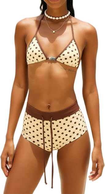 Womens Bikini Shorts Swimsuits Halter Tie Triangle with Boyshort | Polka Dots Boyshort Bikini Set,Halter Triangle Top Bikini with Shorts Set,Striped Swimsuit Beach Outfits