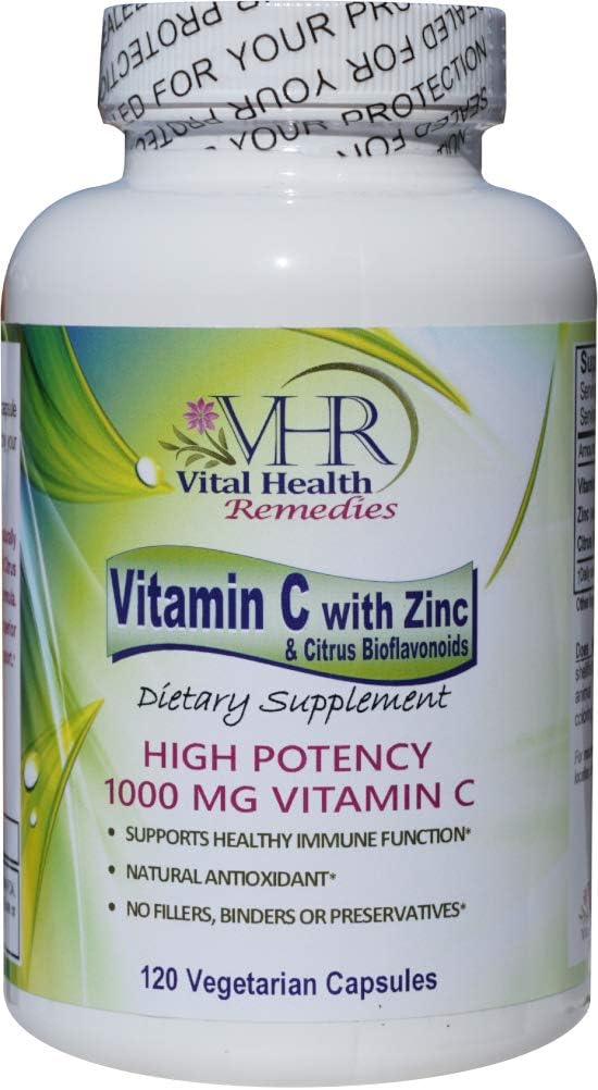 VHR Vitamin C 1,000 MG with ZINC & Citrus BIOFLAVONOIDS Preservative-Free High Potency Antioxidant Formula for Healthy Immune Support!(120)