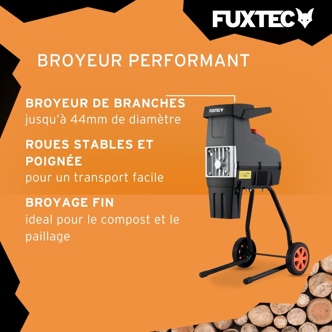 FUXTEC Broyeur de végétaux électrique FX-EGH2800T – 2800W – Système à rouleaux silencieux 92 dB – Branches Ø 44 mm – Sac toile 60 L – Marche arrière – Protection surcharge IPX4