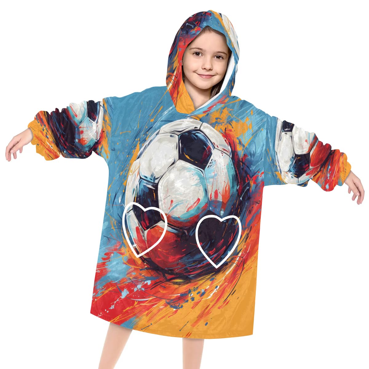 Wearable Blanket Hoodie for Kids, Oil Painting Football Fleece Sweatshirt Blanket Oversized Blanket Sweatshirt with Pocket Flannel Warm Hooded Blanket 6-10 Year Old Girl Boy Gift, One Size