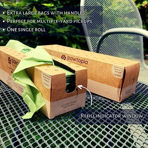 Image of Pawtopia Pet Waste Bag Duo - 120 Standard Sized-Dog Poop Bags (8 rolls) + 100 Extra Large Cat Litter Bag with Handles (1 single roll), Vegetable Starches, Tuv Austria, Leak-Proof, Yard Pickup