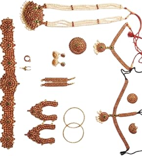 Antique Gold-Plated Bridal Kemp Jewellery Set, Traditional Bridal Style, Floral Theme, Matte Finish, Brass Price In India