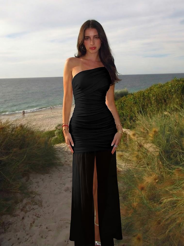 LAGSHIAN Women's Elegant Formal Long Dress One Shoulder Sleeveless Ruched Bodycon Evening Dress