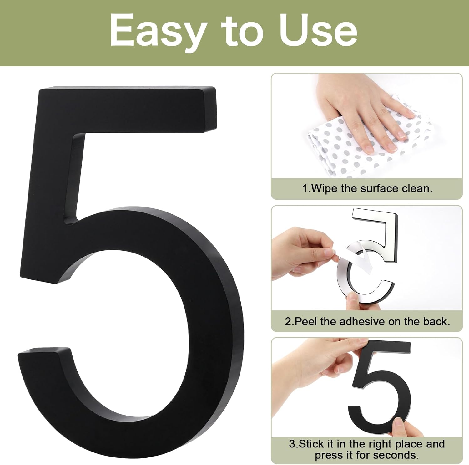 DEWEL 5 Inch Self Adhesive House Numbers, Mailbox Numbers Address Door Number,Acrylic Modern House Address Numbers and Letters for House Apartments Office Hotel Room Strong Adhesive Backing (Number 5)