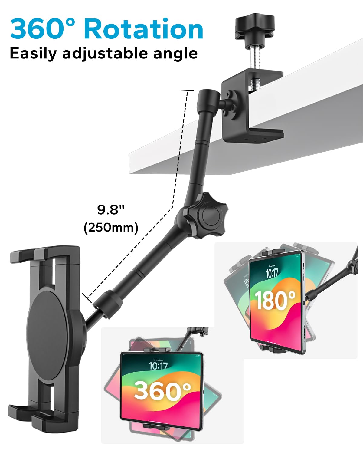 Soporte para tablet de 16 pulgadas, brazo de metal, ajustable 360°, brazo para cocina, escritorio, cama, armario de cocina, iPad Pro Air Mini, Galaxy Tab, e-Reader 4,7-16 pulgadas