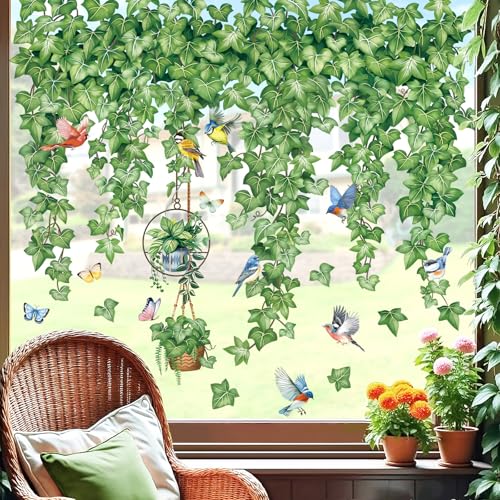 decalmile Autocollants Fenêtre Feuilles Pendaison Vigne Printemps Anti-Collision Stickers Lierre Feuilles Vert Oiseaux Stickers Vitre Anti-Adhésifs Fenêtre...