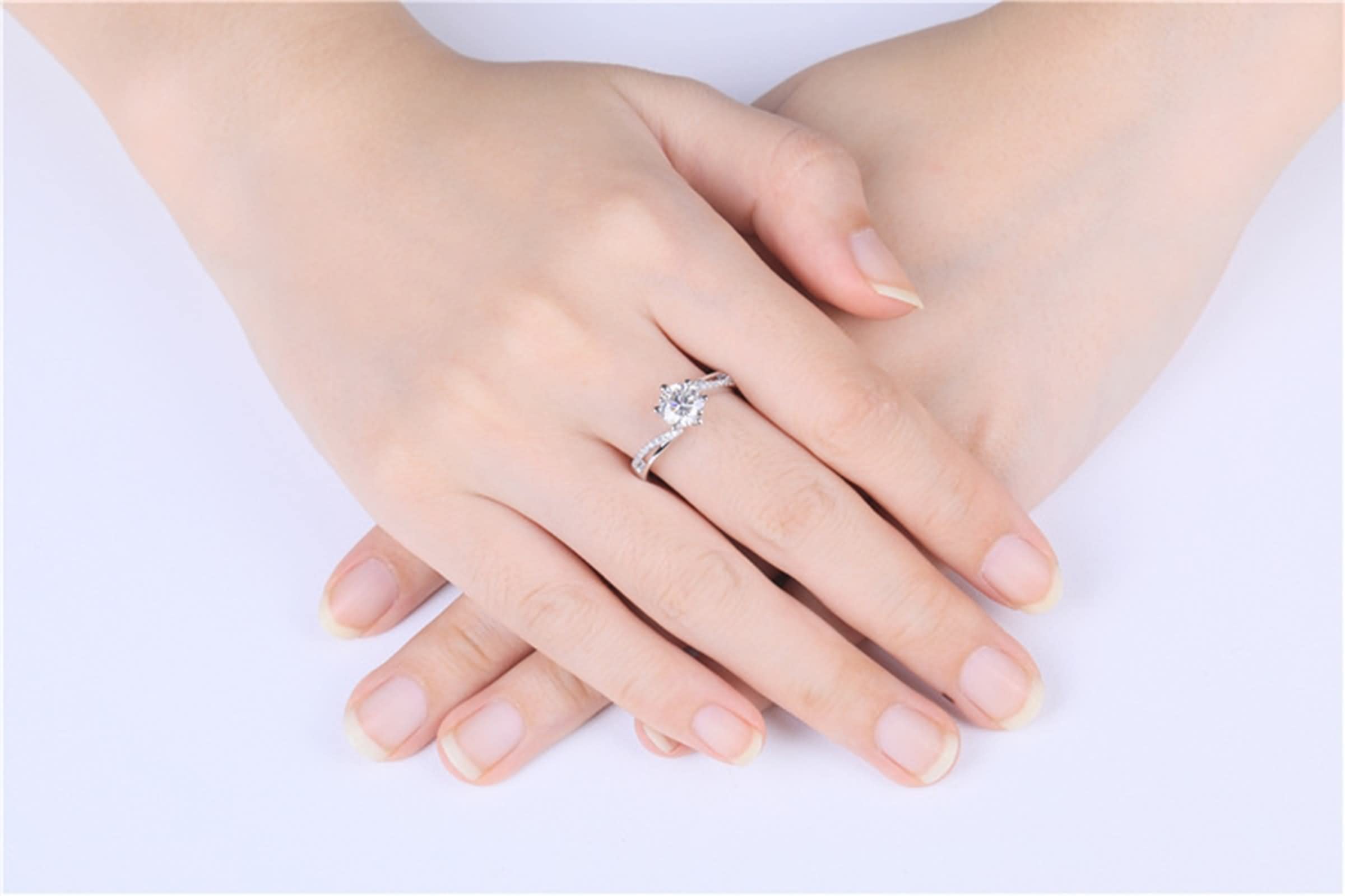 Ehering aus Sterlingsilber, Damen-Schmuck aus 925er Sterlingsilber, 6 Krallen, klassischer Stil, verstellbar, S925-Silber mit rundem Moissanit