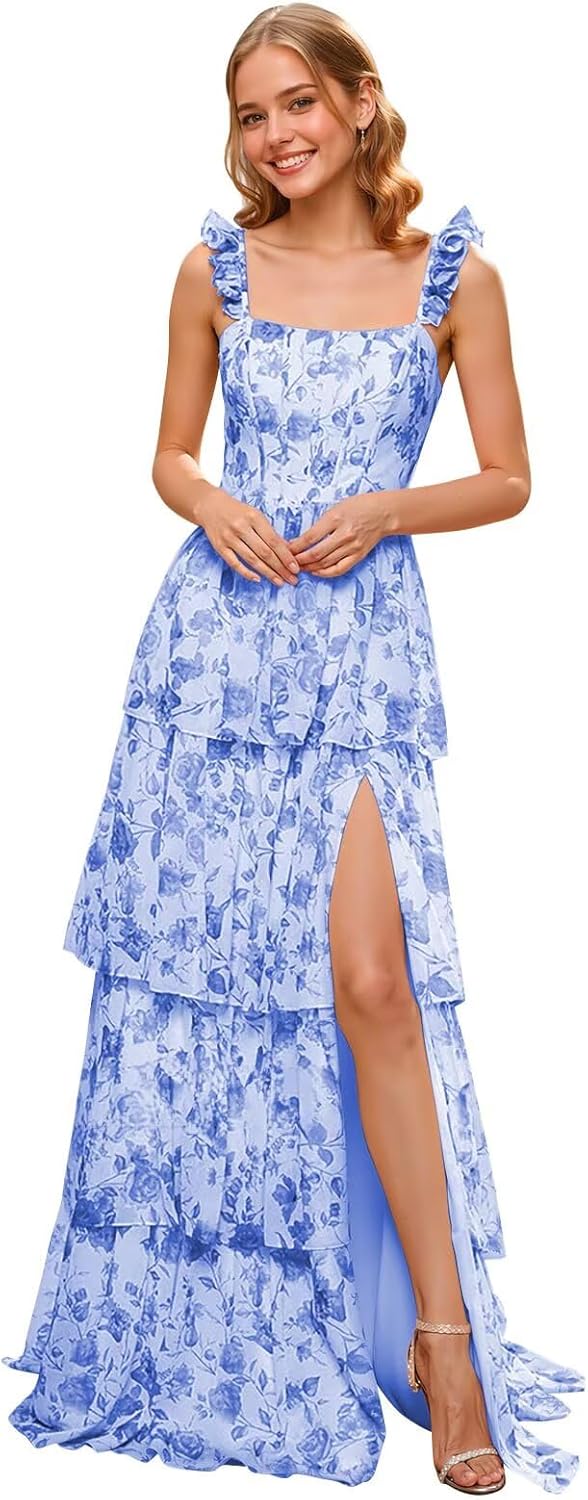 Tiered Chiffon Bridesmaid Dress FloralSpaghetti Strap A-Line Tiered Hight Waist Prom Dress with Slit