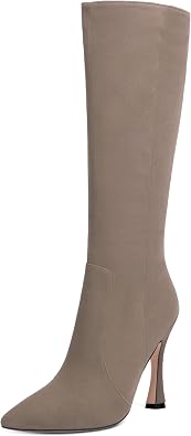 AMBELIGHT Womens Solid Pointed Toe Zip Dating Casual Suede Stiletto High Heel Knee High Boots 4 Inch