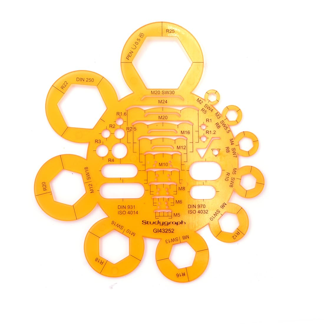Studygraph by Graph'It Normograph for Technical Drawing, Map and Diagrams - Resistant Anti-Shock Plastic - Track Nuts + Geometric Shapes of Various Sizes