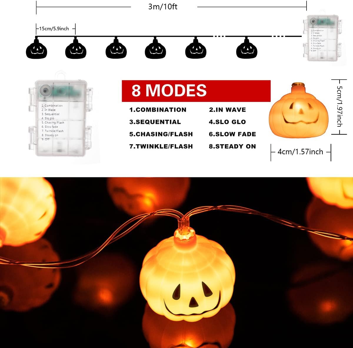 KIRE (2-Pack Halloween Pumpkin String Lights - Total 40Thanksgiving Pumpkin Lights Waterproof Battery Box Operated 11.5 Ft - 8 Lighting Modes Indoor/Outdoor Halloween Decorations for Halloween