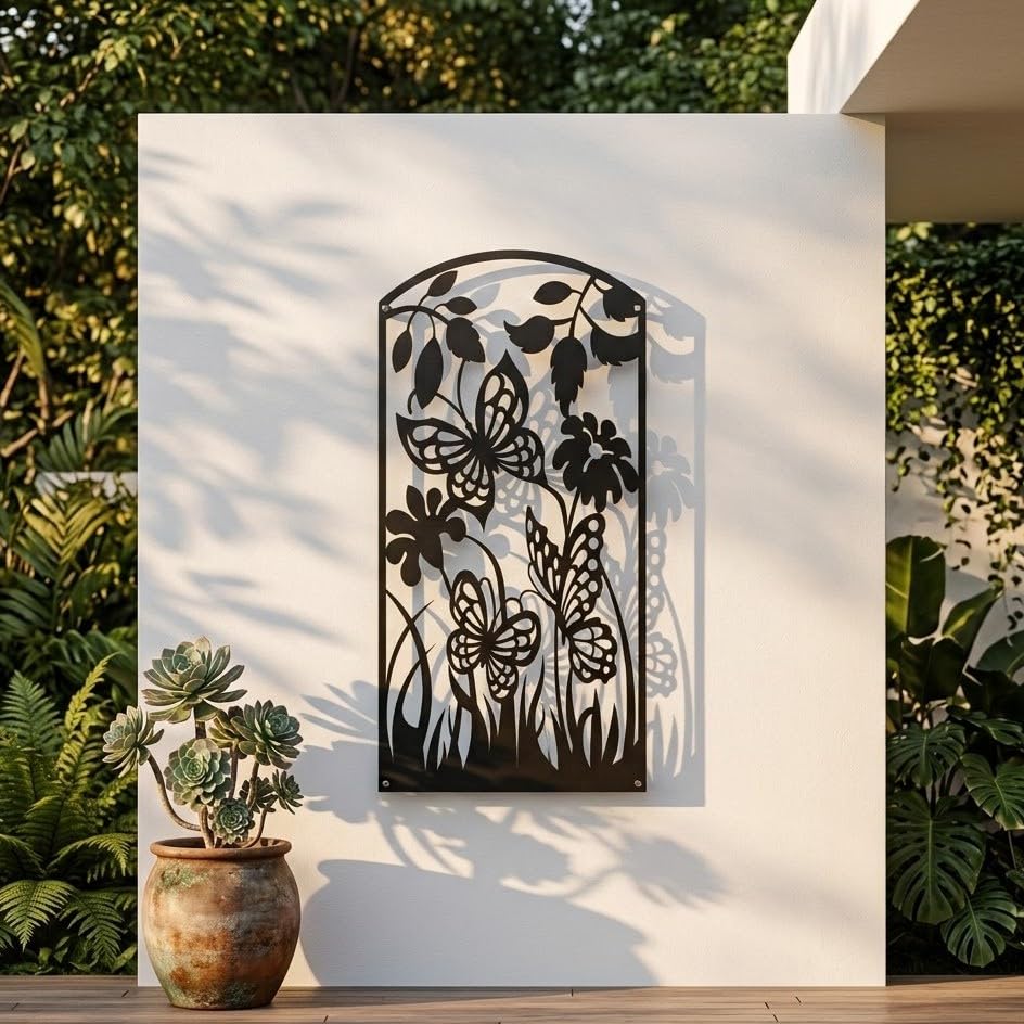Laser Hut Metal Wall Art - Butterfly Flower Metal Wall Decor - Elegant Home Decor, Garden Decor, Indoor - Outdoor Use - Heavy Duty (Black)