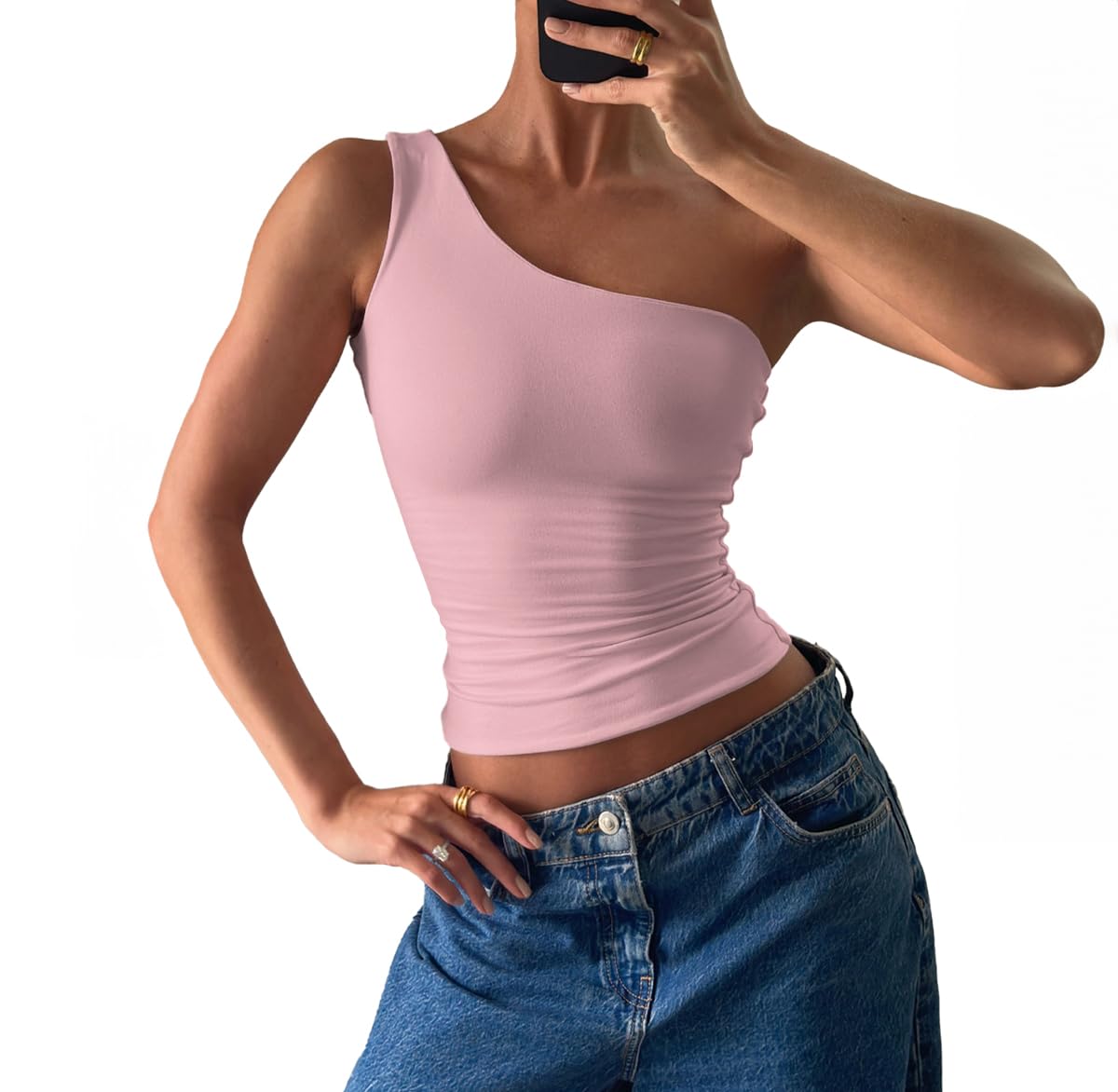 CUHUDA Women's Sexy One Shoulder Crop Tops Sleeveless Cropped Tank Tops Ruched Shirts