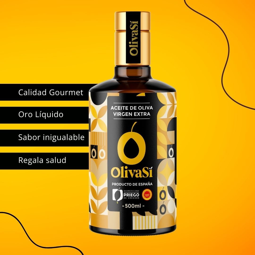 OLIVA SÍ Golden Edition - Aceite de Oliva Virgen Extra 500ml con D.O.P. Priego de Córdoba - Calidad Gourmet y Sabor Exclusivo - Premiado en Concursos Internacionales y Nacionales (Caja 6x500ml)