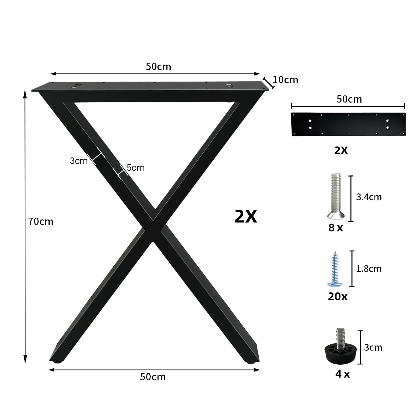 Jahof Heavy Duty Industrielle Tischbeine, 2 Stück (B50xH70cm, X Form)