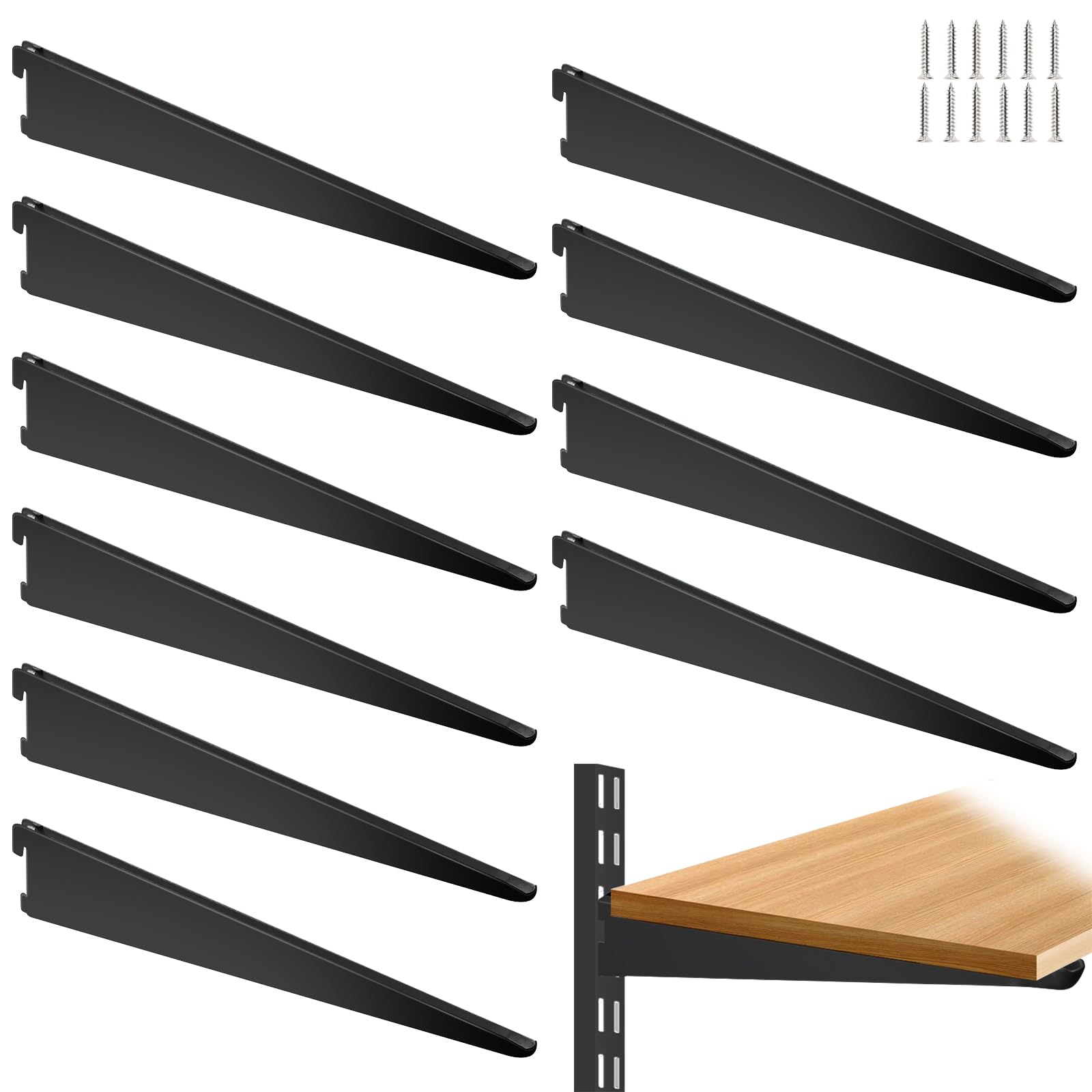 10 Pack 15‑Inch Adjustable Wire Shelf Brackets – Heavy‑Duty Double‑Track Closet & Wall Shelving System Supports（Black）