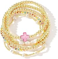 14K Gold Pearl Beaded Cross Bracelet Stackable Set for Women - Stretch Boho Colorful Christian Beads Jewelry Trendy Gift