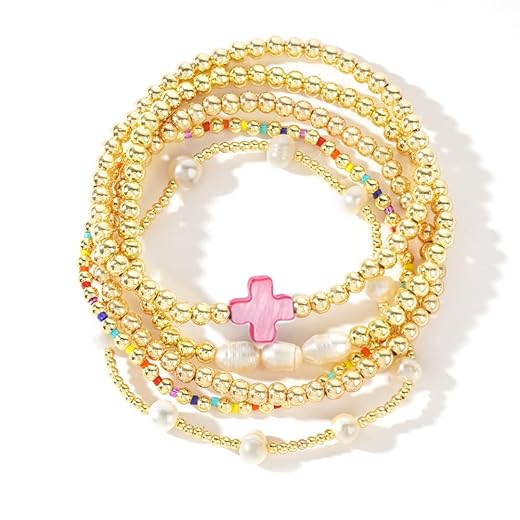 14K Gold Pearl Beaded Cross Bracelets Stack Set for Women,Stretch Boho Colorful Christian Beads Ball Jewelry Trendy Gift