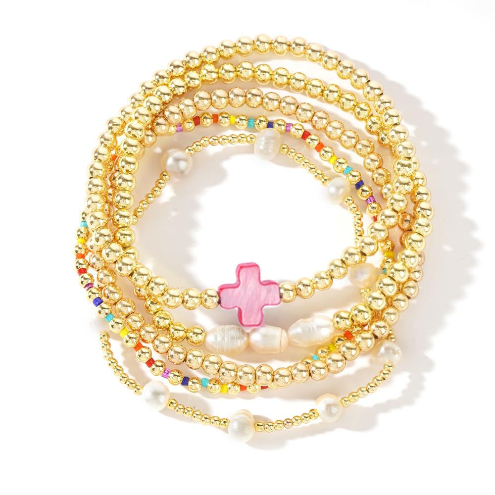 SHINUS BOHO 14K Gold Pearl Beaded Cross Bracelets Stack Set for Women Stretch Boho Colorful Christian Beads Ball