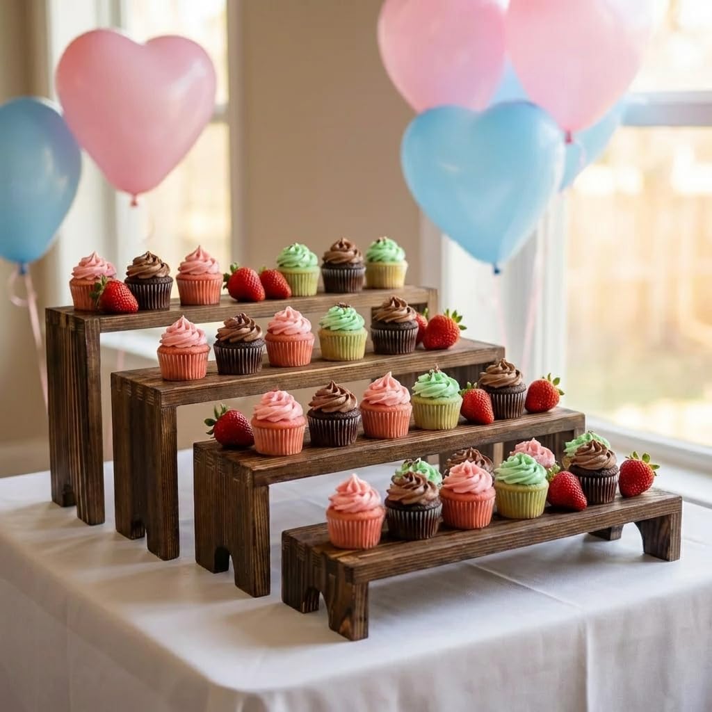 SENMUT Wooden Tiered Risers Display Stand, Stackable, Natural Wood Brown, Rectangular, Inches, for Cupcakes and Desserts