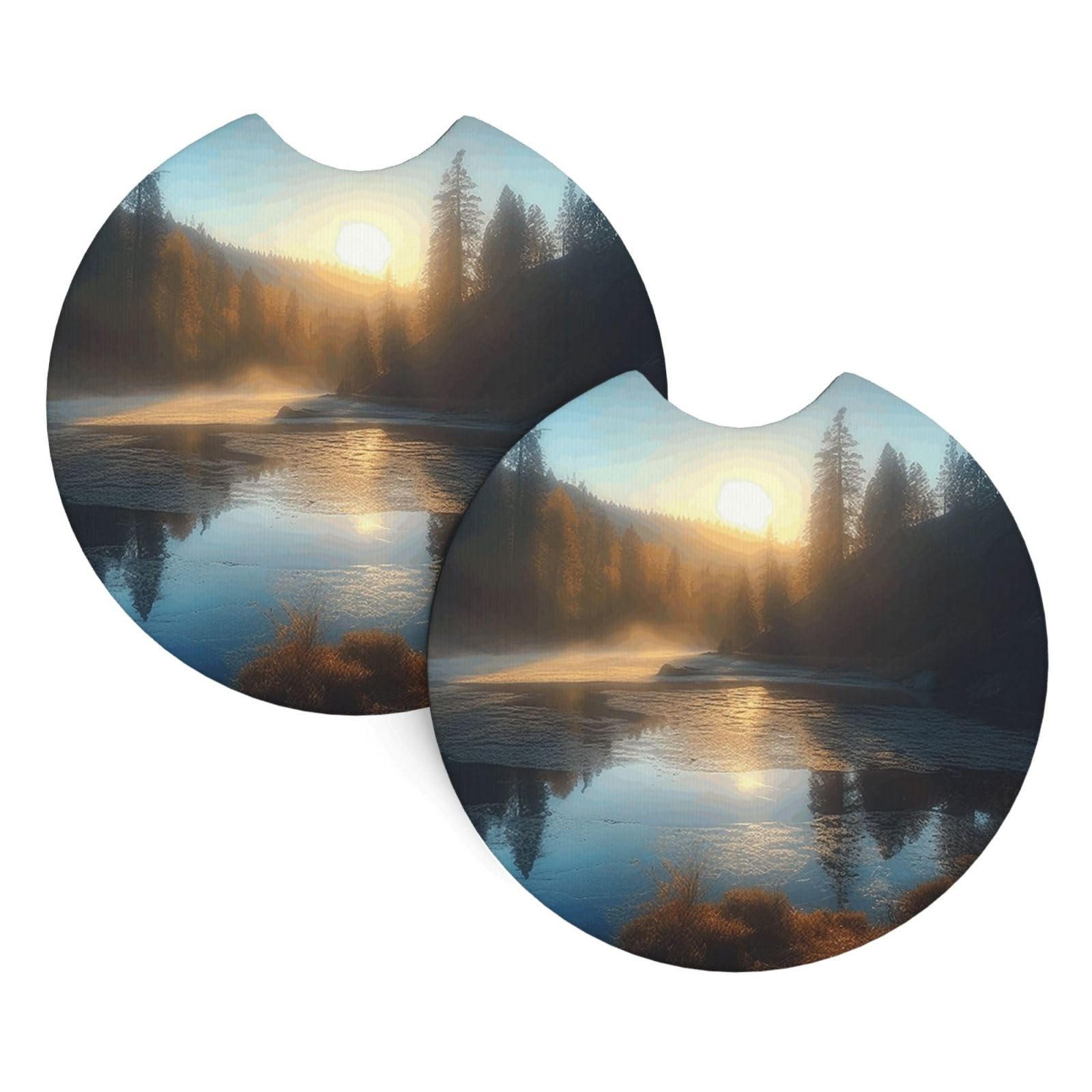 2 Pack Car Coaster for Cup Holders Sunrise Over Mountain Forest Lake Car Cup Coaster 2.7" Neoprene Non-Slip Automotive Cup Mat Universal Auto Car Interior Accessories for Women Men Cup Pad