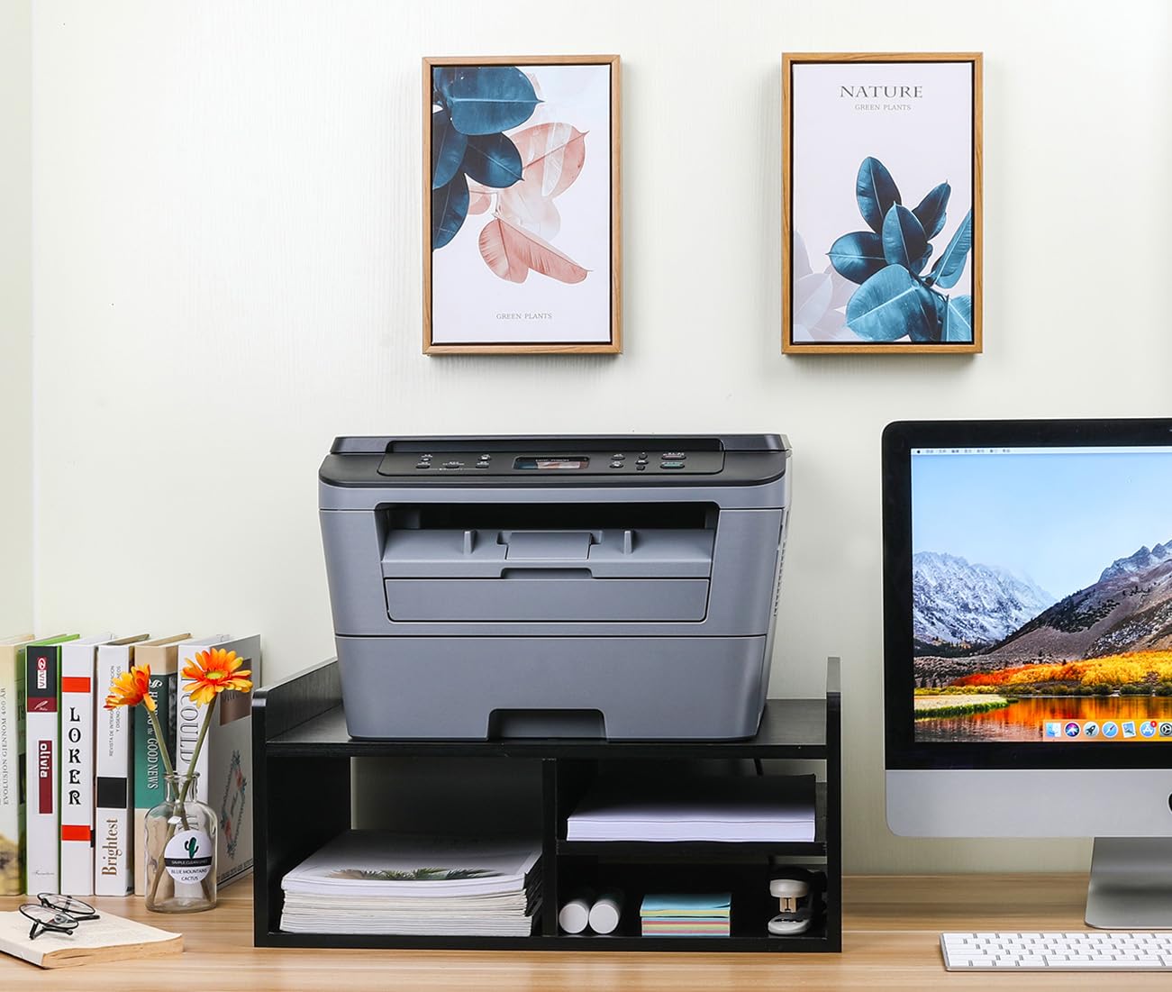 EasyPAG 4 Compartimentos Madera Soporte Impresora Escritorio Estantería Oficina Organizador Papeles A4 Estante Impresora Mesa Almacenamiento para Fax,Negro