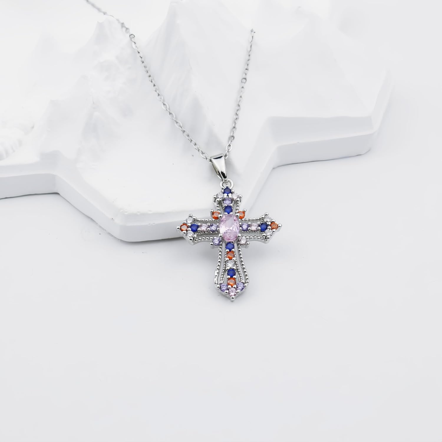2-PCS Multi-Color Stainless Steel Cross Pendant Necklace with Zircon Crystals, 25mm x 20mm, Gold and Silver Chain - Image 6