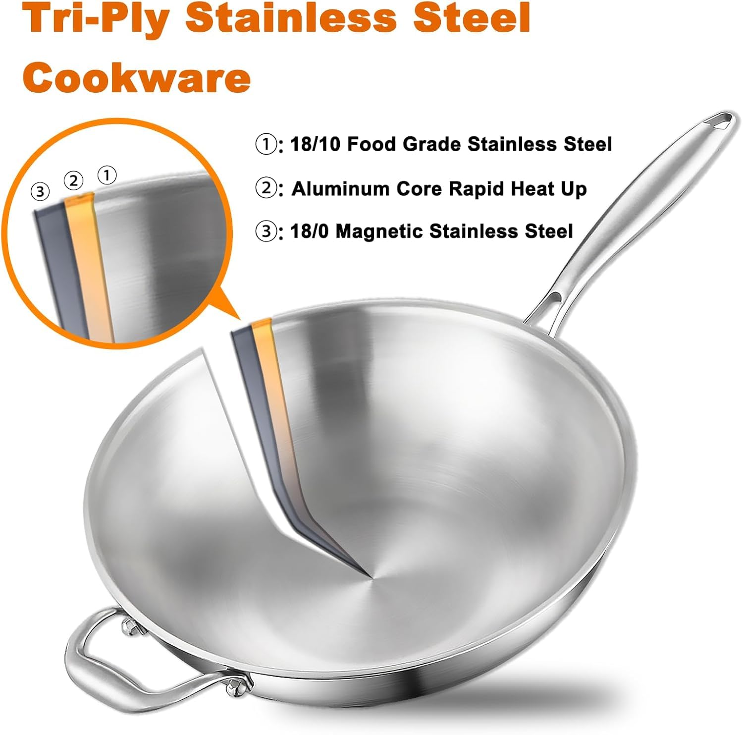 Sartén wok sin revestimiento para inducción 30 cm: 3 capas de acero inoxidable, sin PFOA, PTFE, con tapa y asas, apta para horno hasta 400 °C