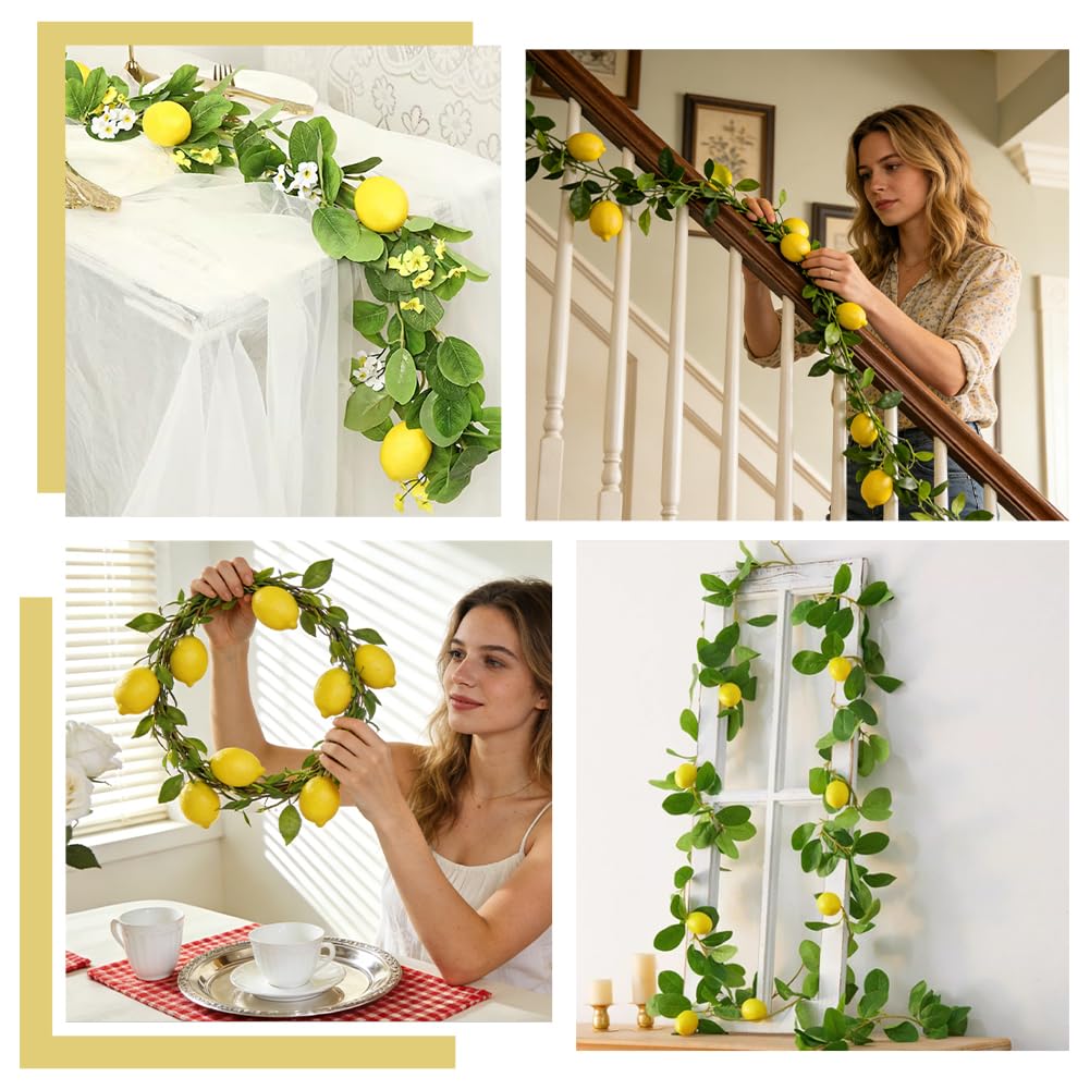 PH PandaHall 2pz Artificiale Limone Ghirlanda Primavera Estate Finto Frutto Vite Ghirlande con Verde Plastica Finto Viti Piante per Porta Parete Matrimonio Festa Tavolo Decorazione, 2m Lungo