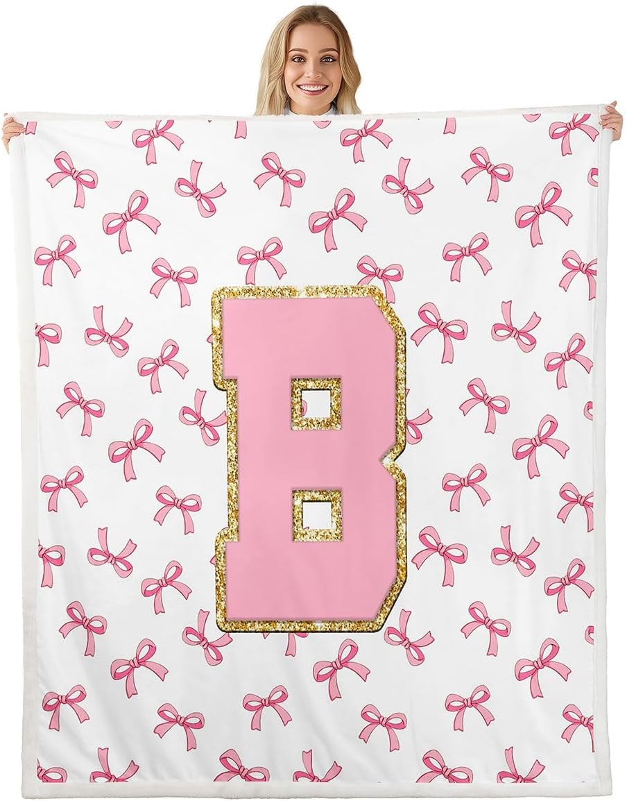 jejeloiu Dreamy Bows Sherpa Blanket Plush Fuzzy Pink Bowknot Fleece Throw Blanket Boys Girls Cute Initial Letter B for Bed Couch Chair Living Room Girly Princess Bedroom Decor Baby 30"x40"