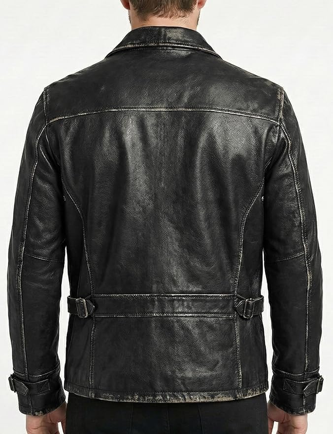 Image of Mens Leather Jacket Black | Real Leather Biker Jacket With Distressed Exterior | Motorcycle Clothing