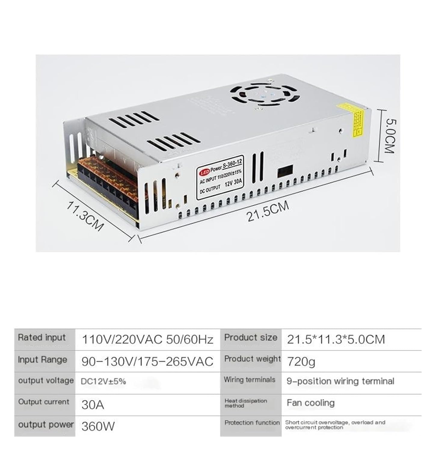 LED Switching Power Supply 12V 30A 360W Regulated AC220V to DC12V Low Voltage DC Power Transformer