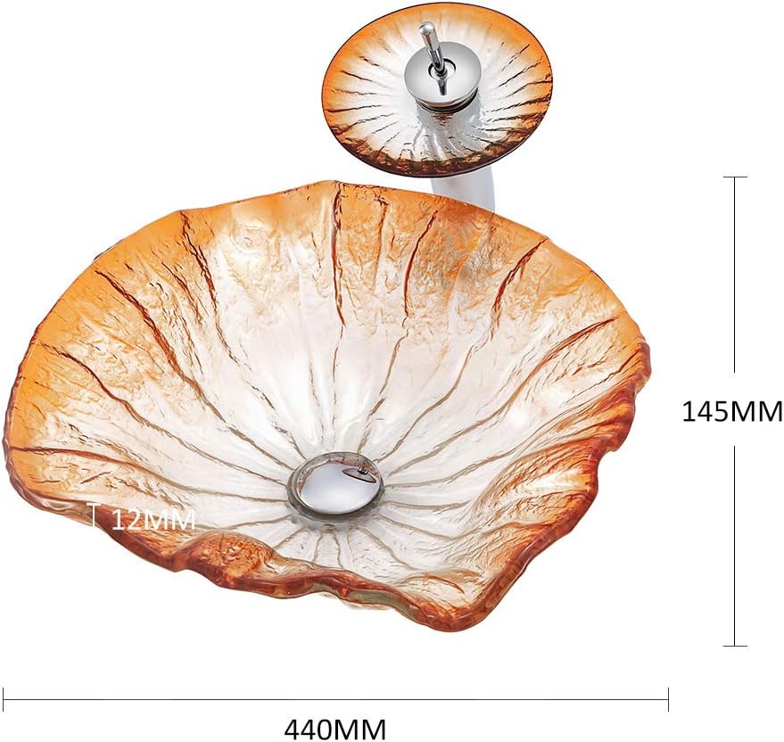 Water Wave Shape Tempered Glass Bathroom Vessel Sink Counter Top Installation Modern Artistic Vanity Sinks Glass Vessel Sink with Pop up Drain,Orangesinglesink