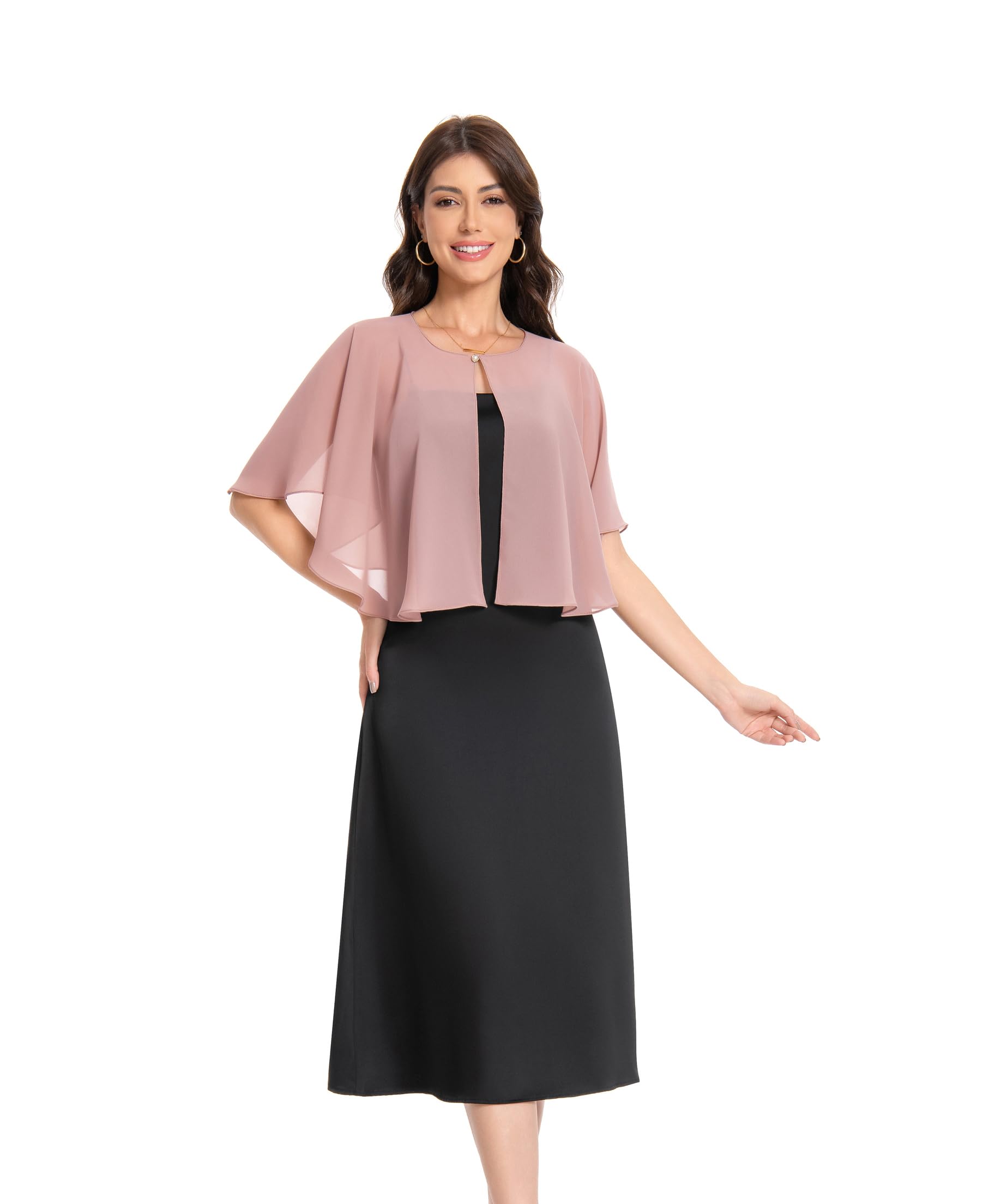 Baoqiya Wedding Capes Bridal Capelet Chiffon Lace Shrug Shawls and Wraps for Evening Dress, Blush1, One Size