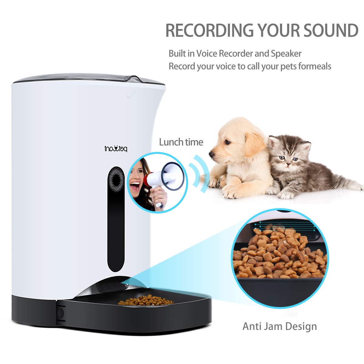 PETCUTE Distributore Automatica per Cani distributore di Cibo per Gatto mangiatoia Automatica per Cani Programmazione Registra Voce Timer Digitale 4.3L