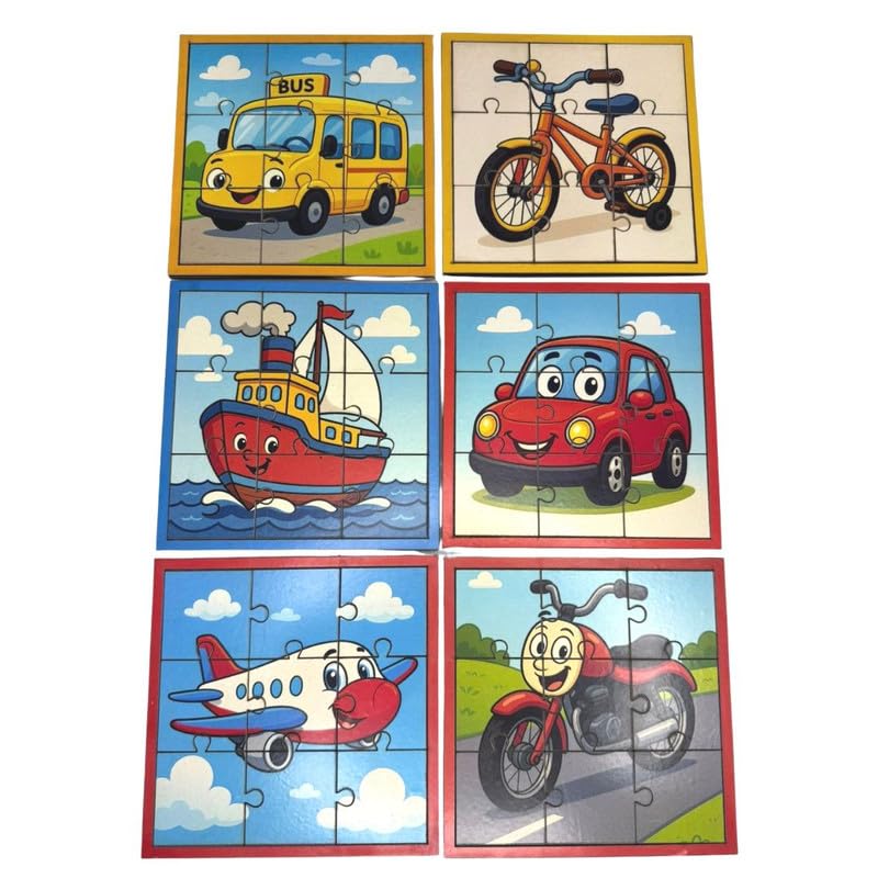 Pack of 6 Vehicle Jigsaw Puzzles for Kids Educational Learning STEM Montessori Puzzle for Ages 4-8 Transportation Jigsaw Puzzles with Car, Bus, Plane, Ship, Bike & Motorcycle