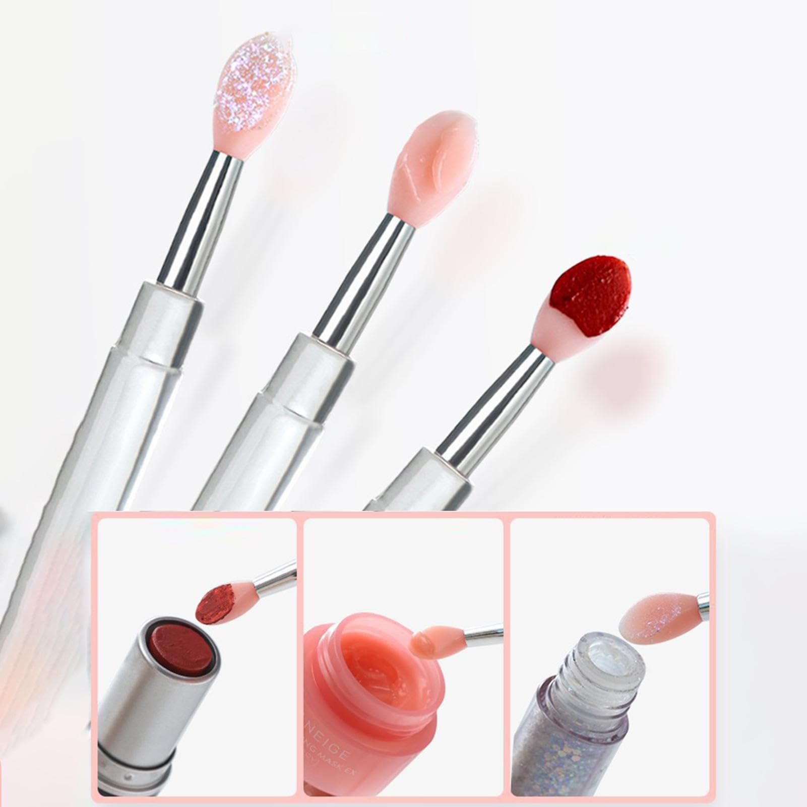 Lot de 3 pinceaux à lèvres en silicone avec couvercle - Applicateur de baume à lèvres réutilisable - Portable - Pinceau applicateur de rouge à lèvres avec couvercle pour