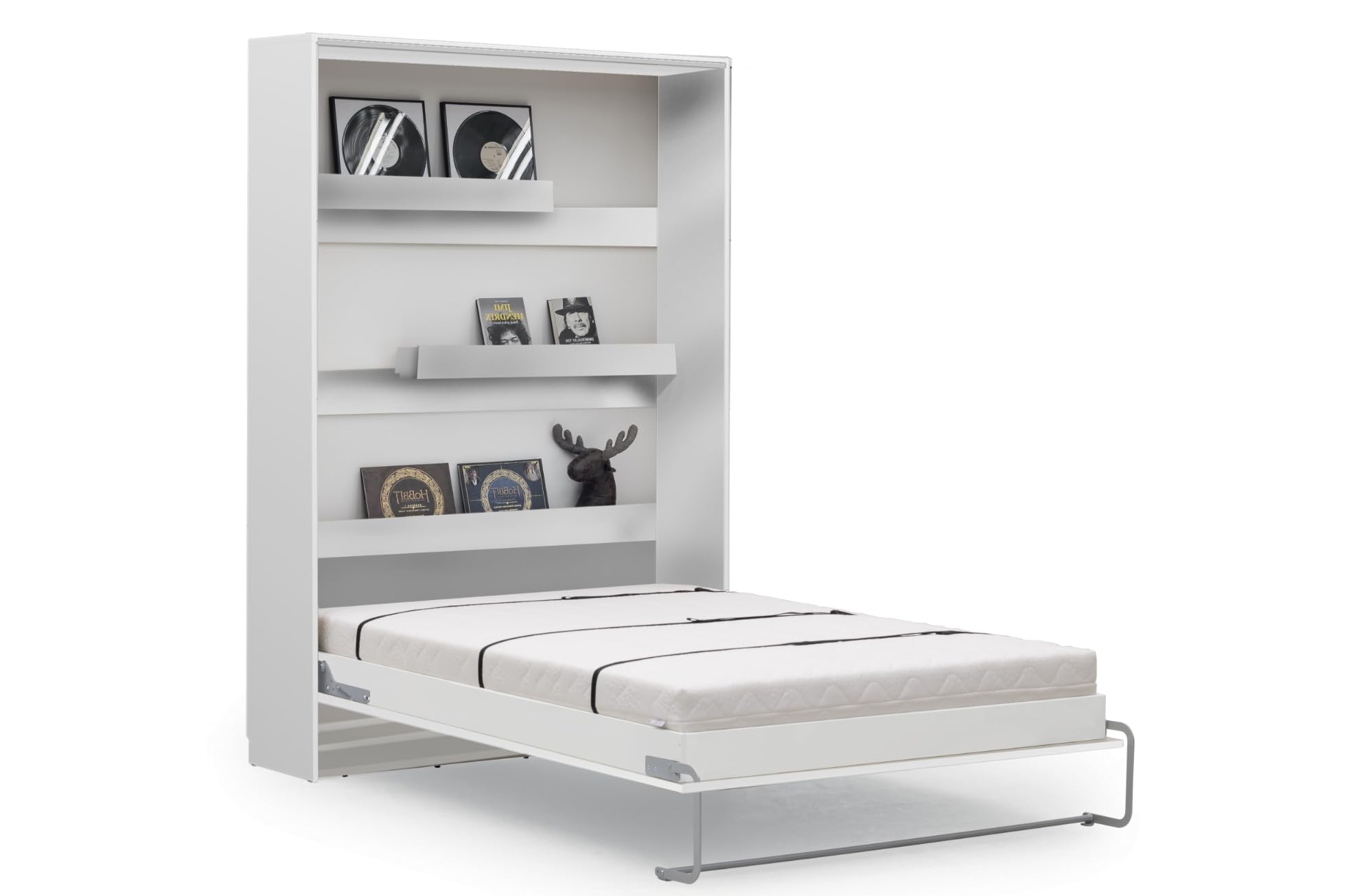 PHANTOM Vertical Murphy Bed with Desk - Folding Bed, Space-Saving Multifunctional Fold Up Bed for 140 cm Mattress, Smooth Gas Struts, Laminated Finish in White Matt Color