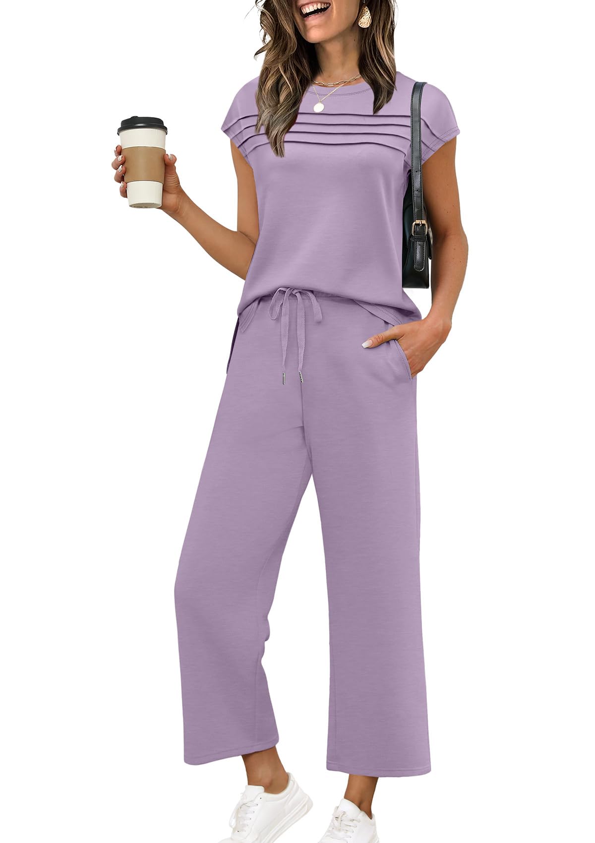 WIHOLL Two Piece Sets for Women Summer Spring Travel Vacation Outfits Cap Sleeve Lounge Matching Sets Wide Leg Pants S-3XL T-grey Purple 3X-Large