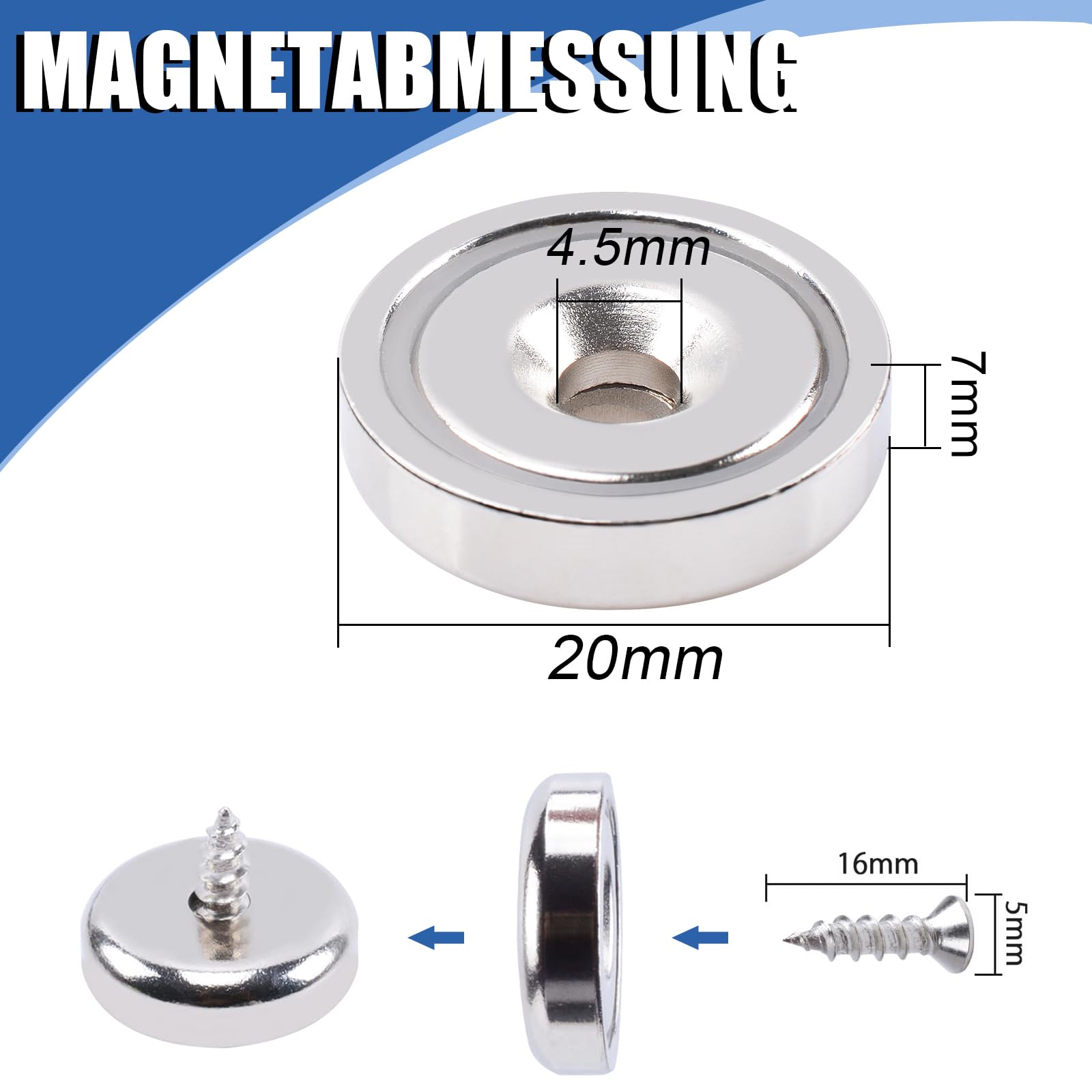 FPMYB Lot de 40 aimants en néodyme extra puissants - 10 kg de force - 20 x 7 mm - Avec trou et capsule - Aimants en pot à tête fraisée avec vis et coussin en acier - Aimants puissants pour cuisines,