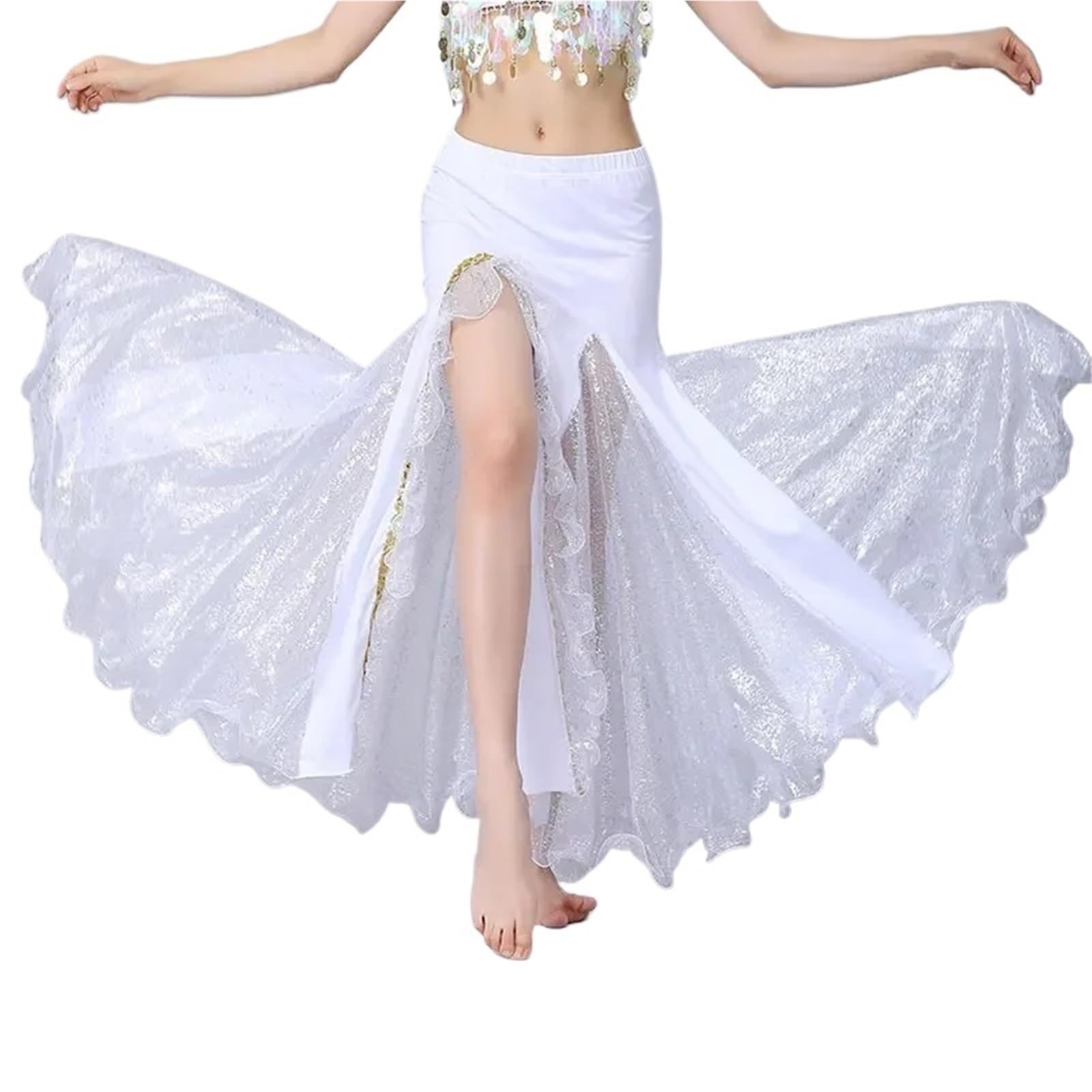 TRRYUIP Belly Dance Skirt Women Sparkly Spilt Belly Dance Skirt Lady Ballroom Long Performance Stage Costume Oriental Dancing Practice Dress(White)