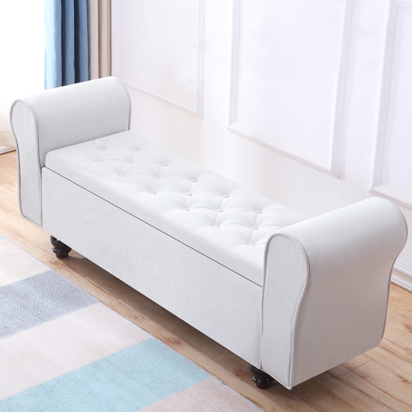 LMMIAOZ Large Capacity Vintage Storage Ottoman Bench with Wood Legs Beige Linen Upholstered Footstool for Bedroom and Living Room 100x40x40cm