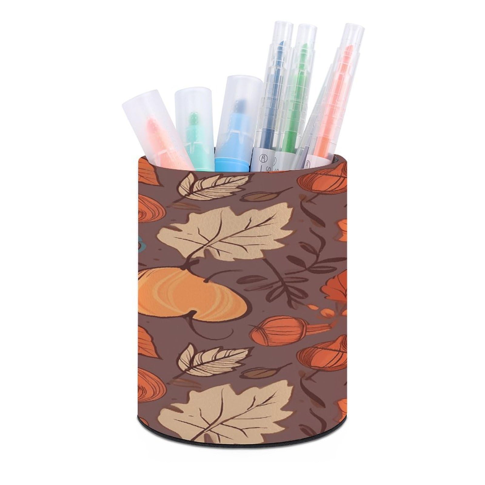 VstaDank Fall Pen Holder PU Leather Pencil Cup Minimalist Desk Pencil Holder Round Make Up Brush Organizers For Office Dorm Room&Vanity Desk Accessories