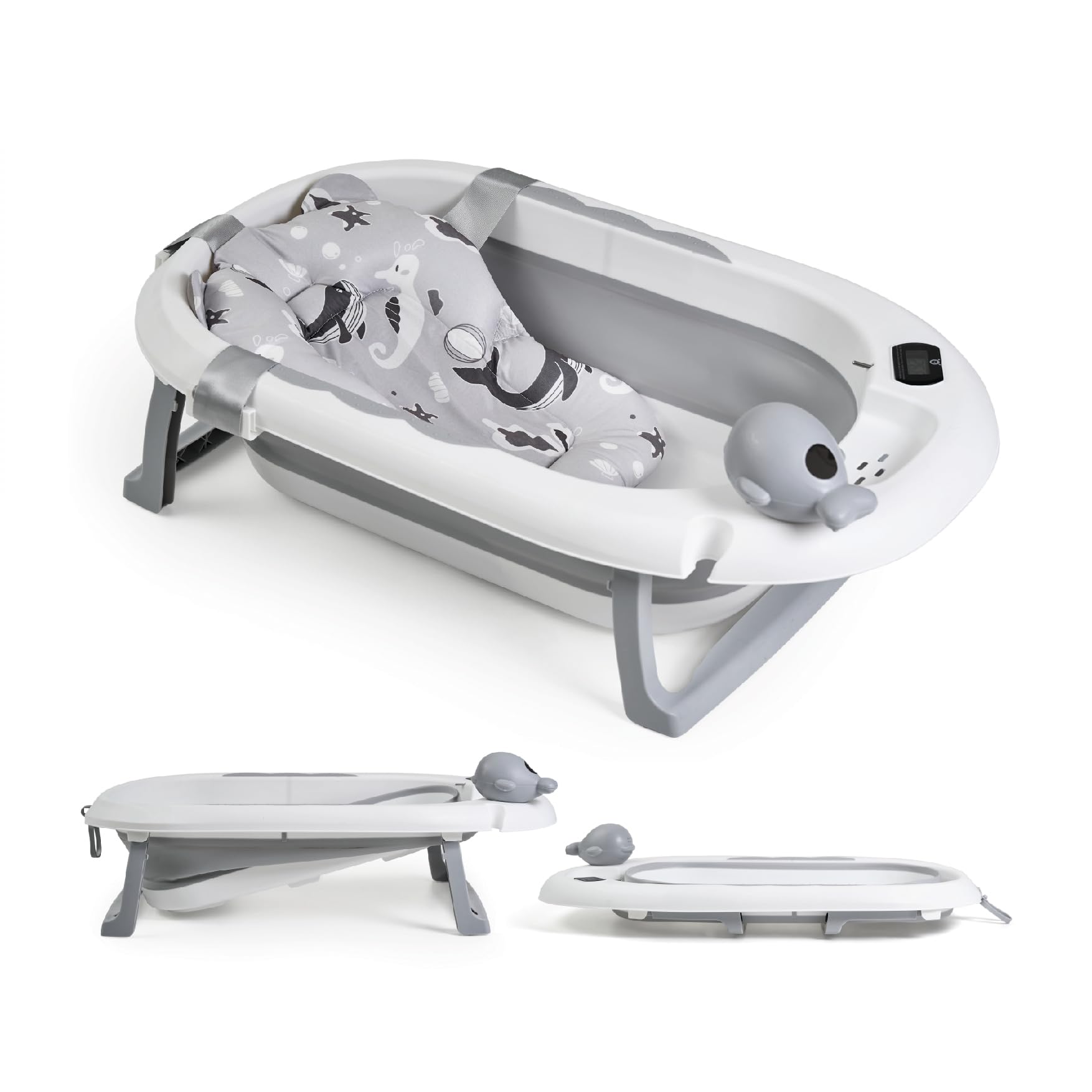 Buddy Baby - Vasca pieghevole BebéSplash con temperatura - Da 0 mesi - Cuscino riduttore rimovibile - Base antiscivolo - Tappo di scarico - Design compatto e portatile - Annaffiatoio balena